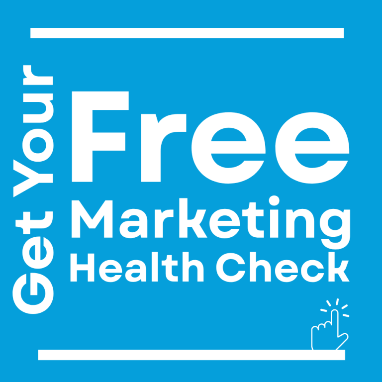 Text on a blue background promoting a free marketing health check.
